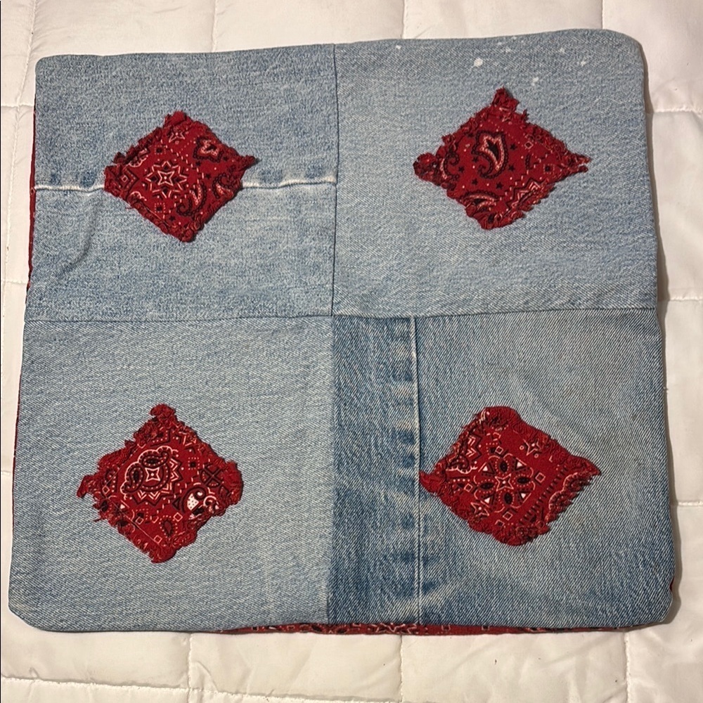 Blue Jean with Red Patchwork Design Pillow Cover